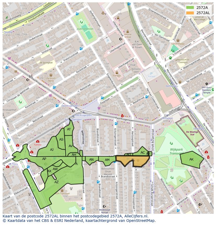 Afbeelding van het postcodegebied 2572 AL op de kaart.