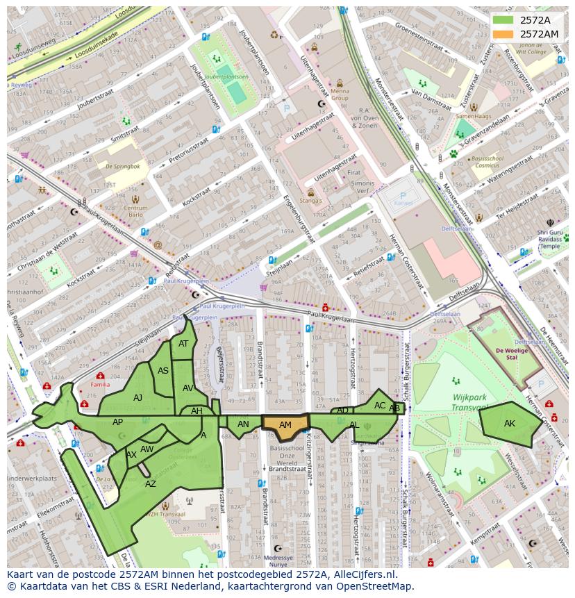 Afbeelding van het postcodegebied 2572 AM op de kaart.