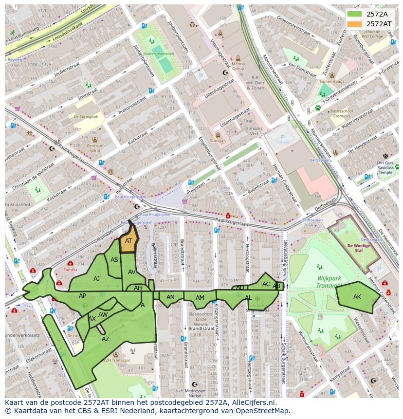 Afbeelding van het postcodegebied 2572 AT op de kaart.