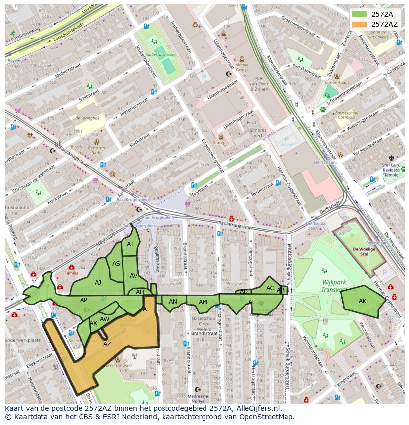 Afbeelding van het postcodegebied 2572 AZ op de kaart.