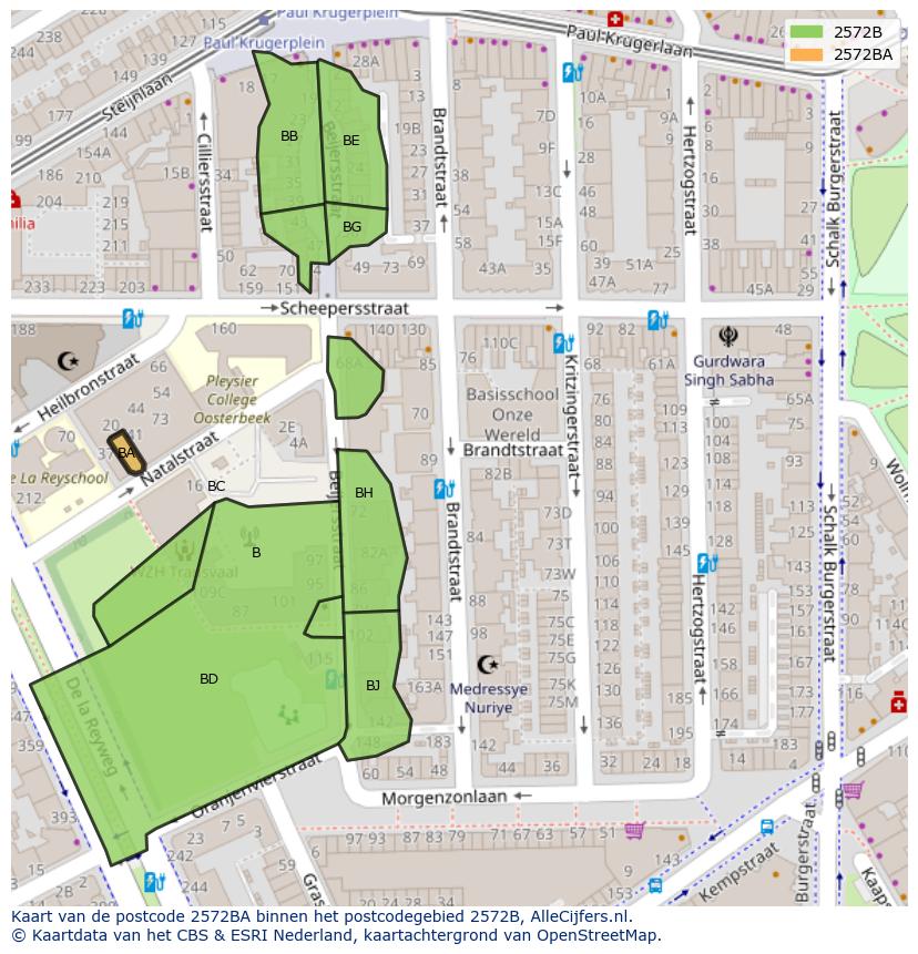Afbeelding van het postcodegebied 2572 BA op de kaart.