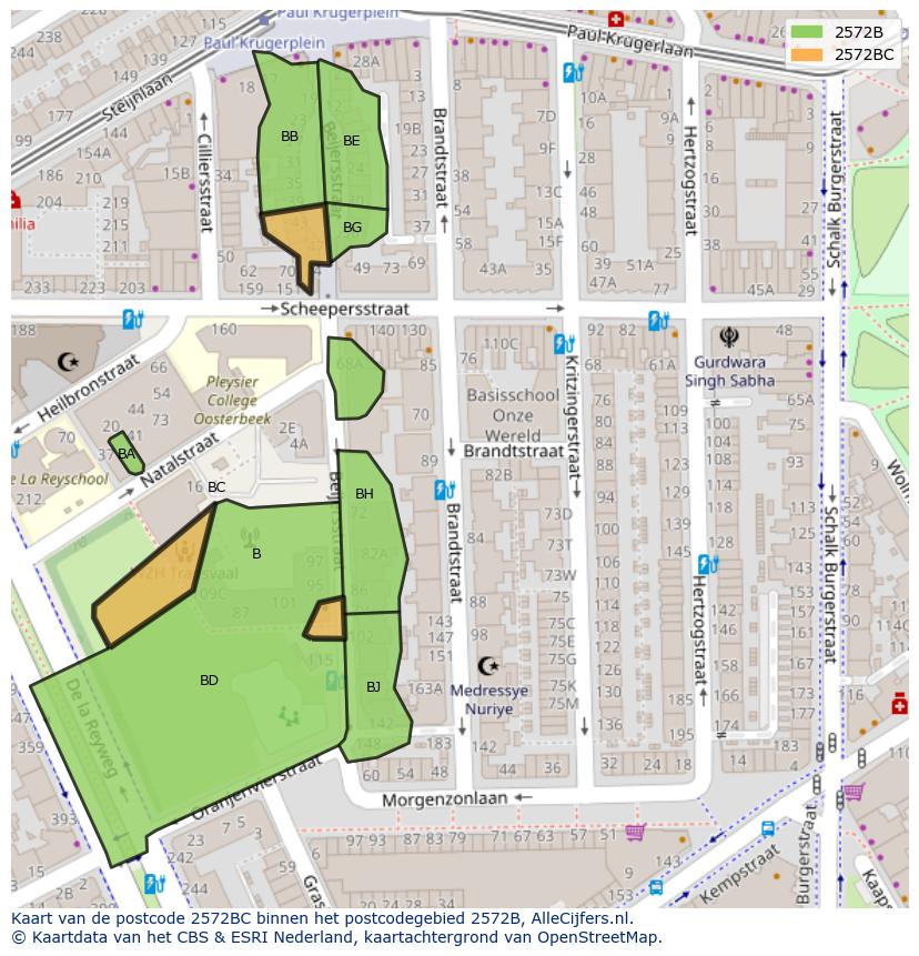 Afbeelding van het postcodegebied 2572 BC op de kaart.