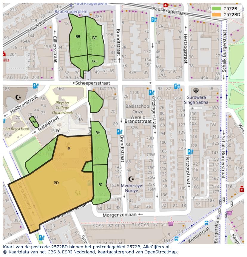 Afbeelding van het postcodegebied 2572 BD op de kaart.
