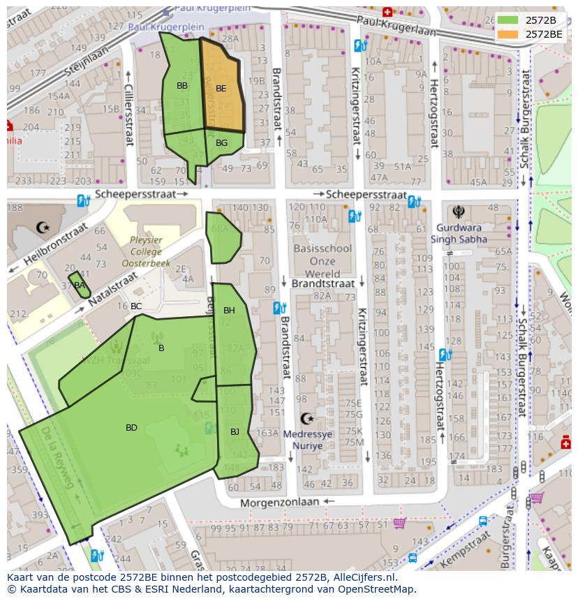 Afbeelding van het postcodegebied 2572 BE op de kaart.