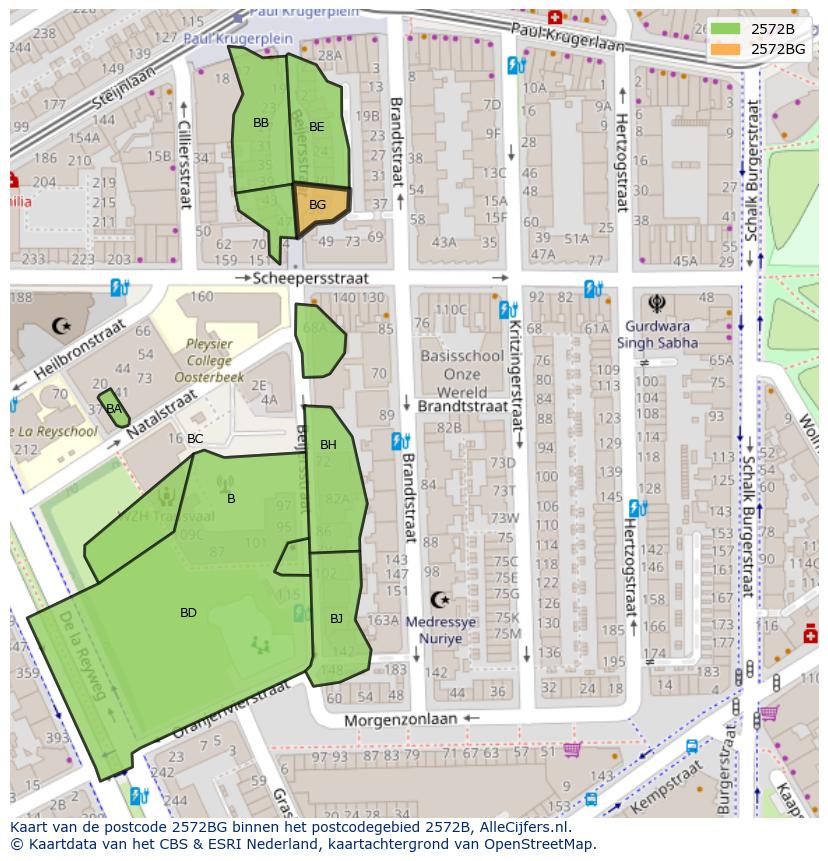 Afbeelding van het postcodegebied 2572 BG op de kaart.