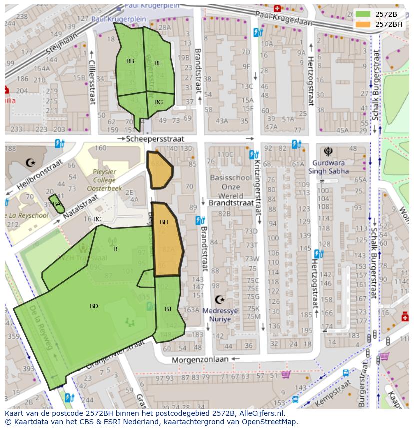 Afbeelding van het postcodegebied 2572 BH op de kaart.