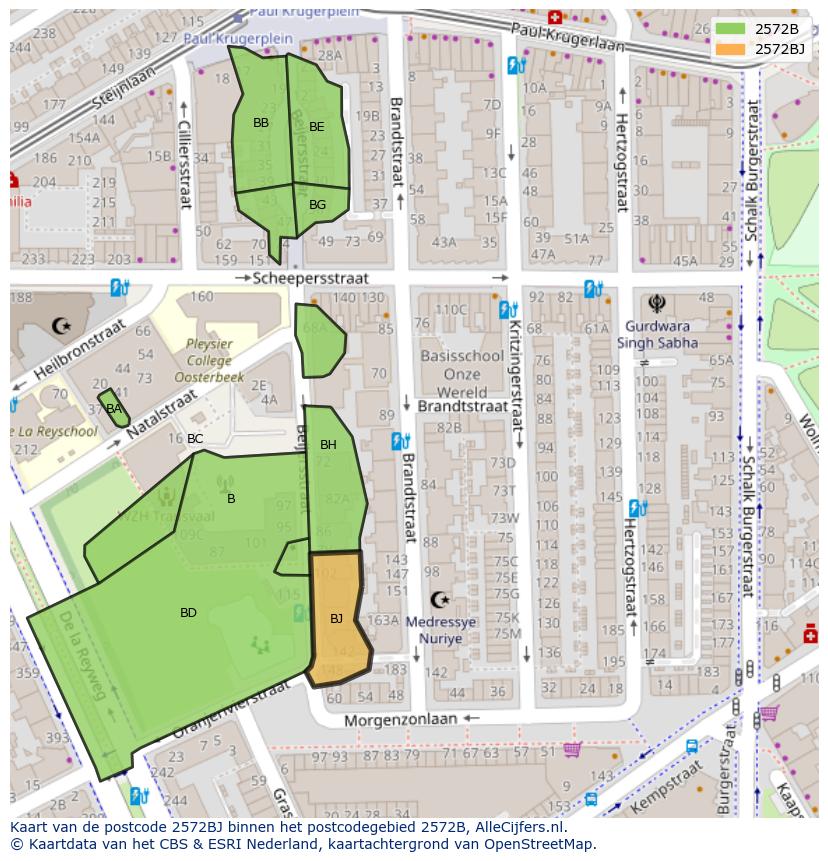 Afbeelding van het postcodegebied 2572 BJ op de kaart.