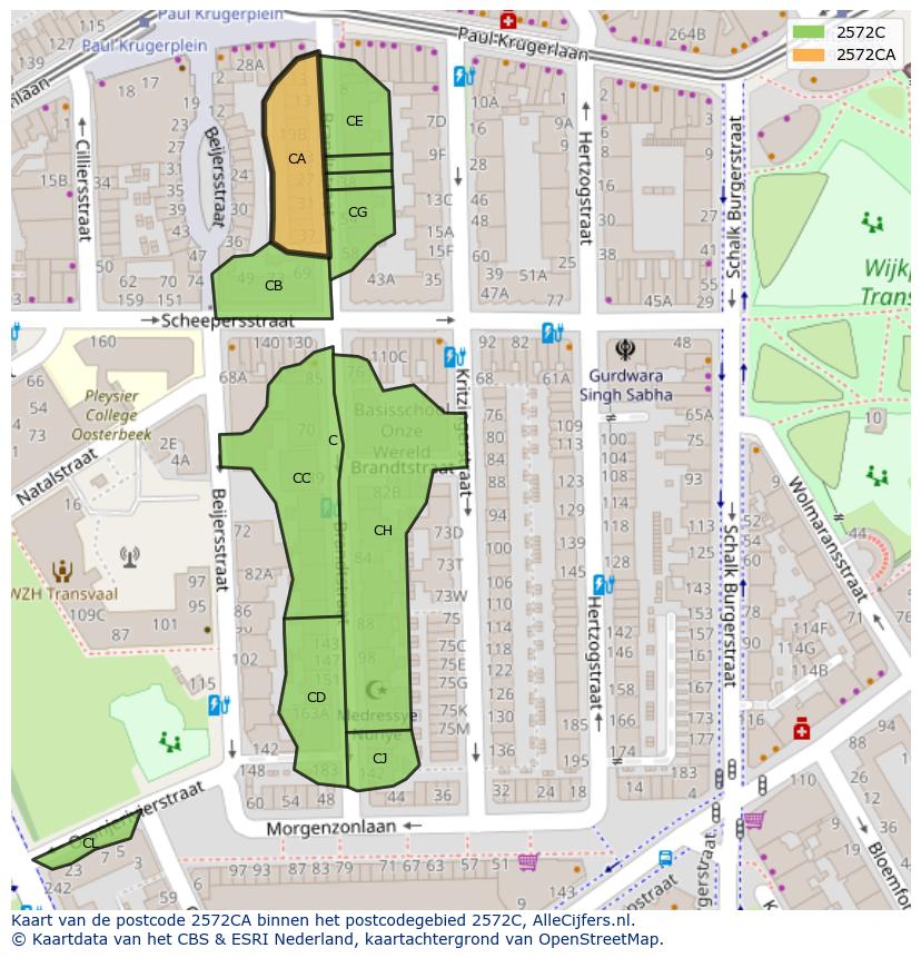 Afbeelding van het postcodegebied 2572 CA op de kaart.