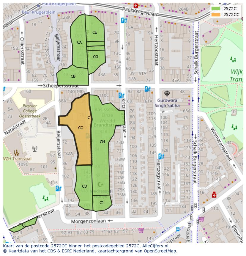 Afbeelding van het postcodegebied 2572 CC op de kaart.