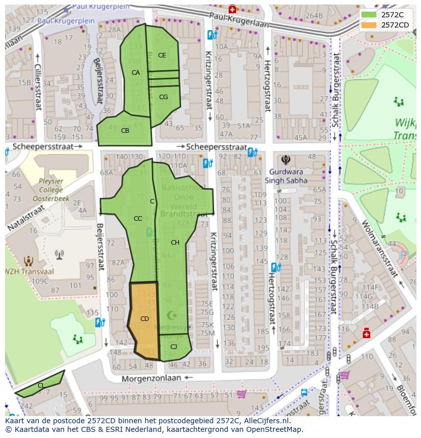 Afbeelding van het postcodegebied 2572 CD op de kaart.