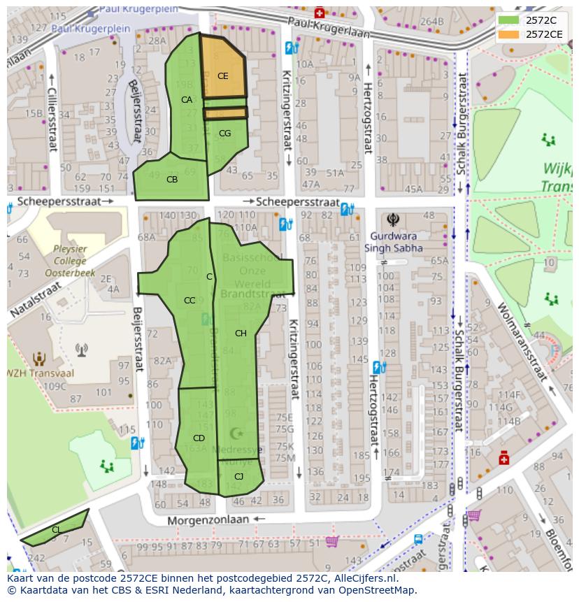 Afbeelding van het postcodegebied 2572 CE op de kaart.