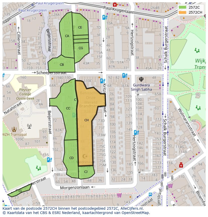 Afbeelding van het postcodegebied 2572 CH op de kaart.