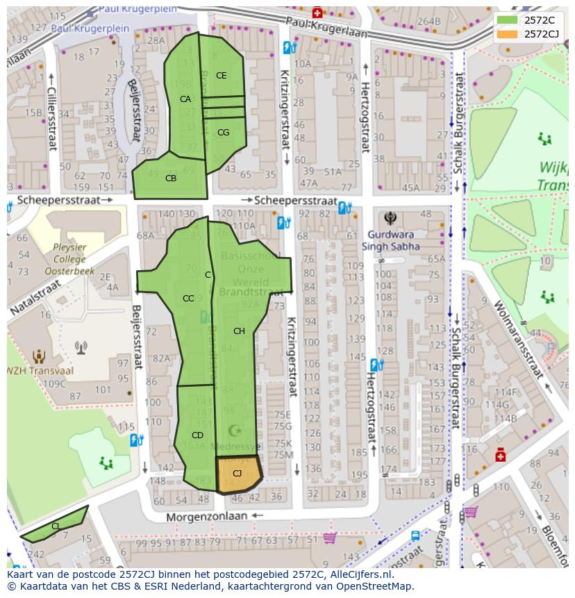 Afbeelding van het postcodegebied 2572 CJ op de kaart.