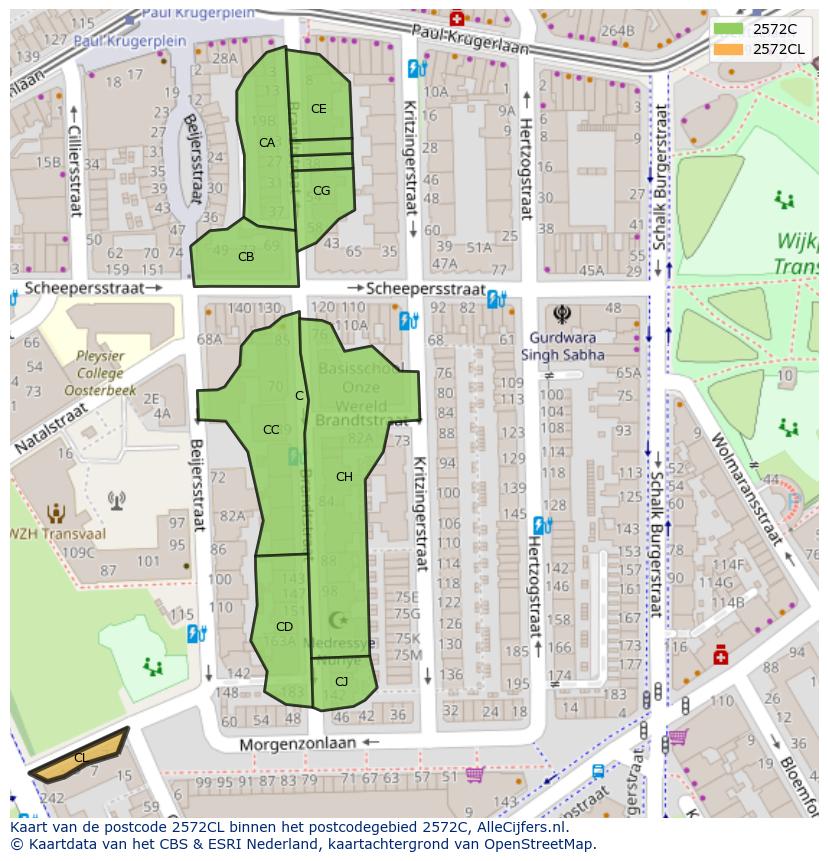 Afbeelding van het postcodegebied 2572 CL op de kaart.