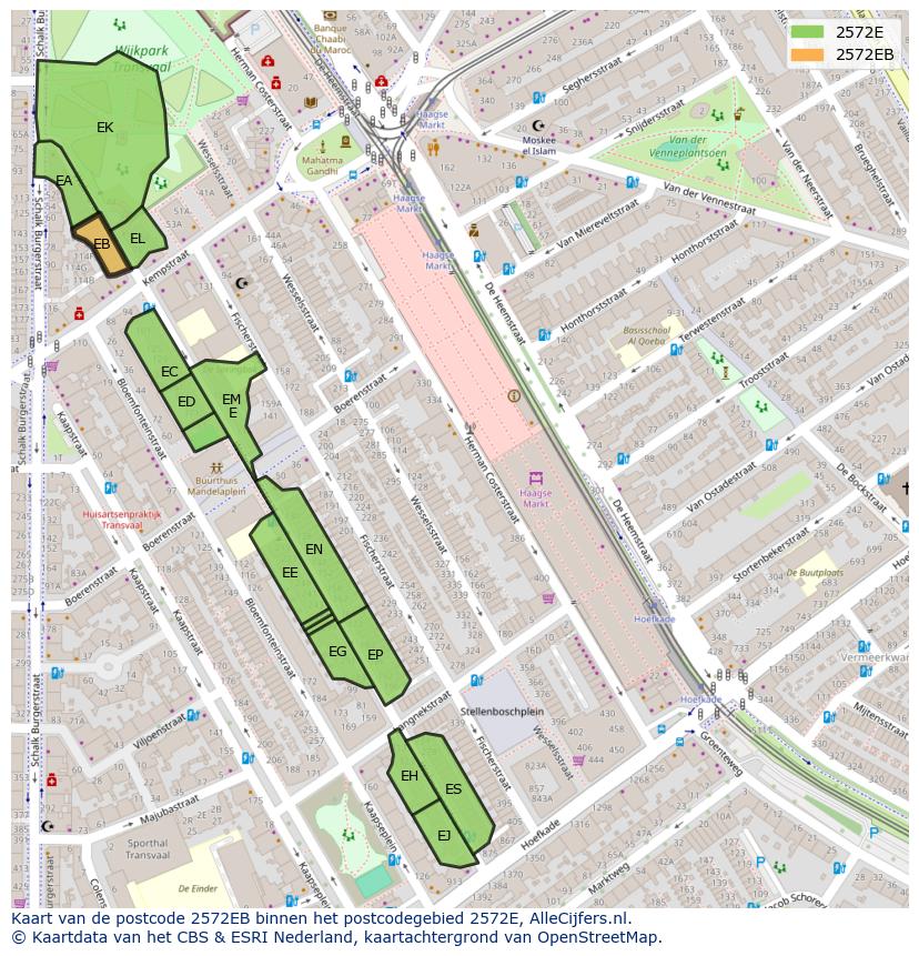 Afbeelding van het postcodegebied 2572 EB op de kaart.