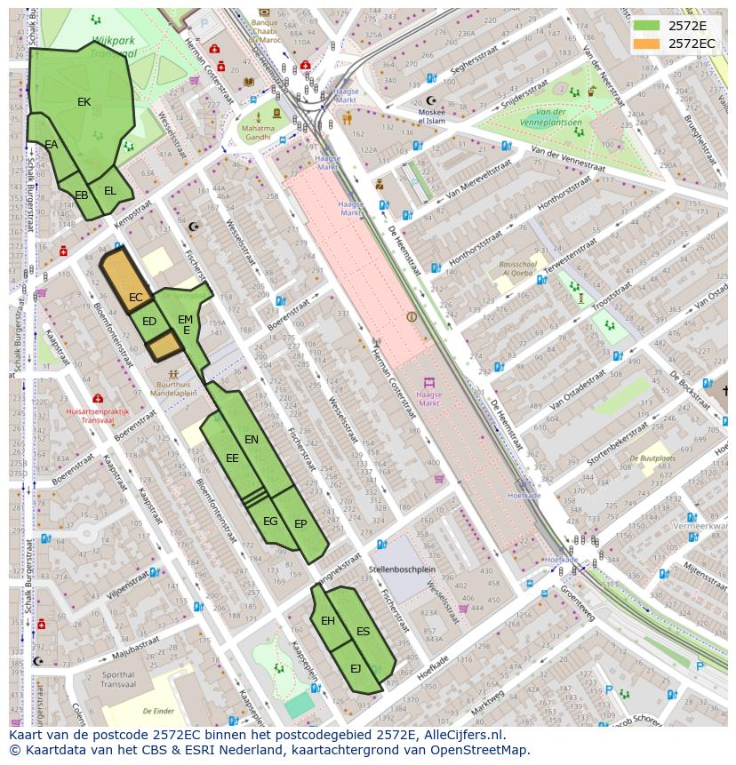 Afbeelding van het postcodegebied 2572 EC op de kaart.