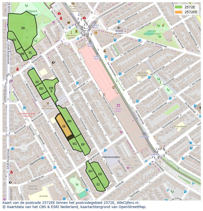 Afbeelding van het postcodegebied 2572 EE op de kaart.