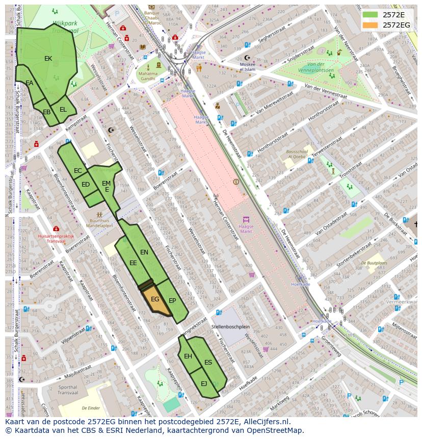 Afbeelding van het postcodegebied 2572 EG op de kaart.