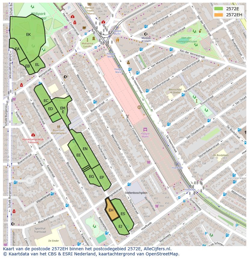 Afbeelding van het postcodegebied 2572 EH op de kaart.