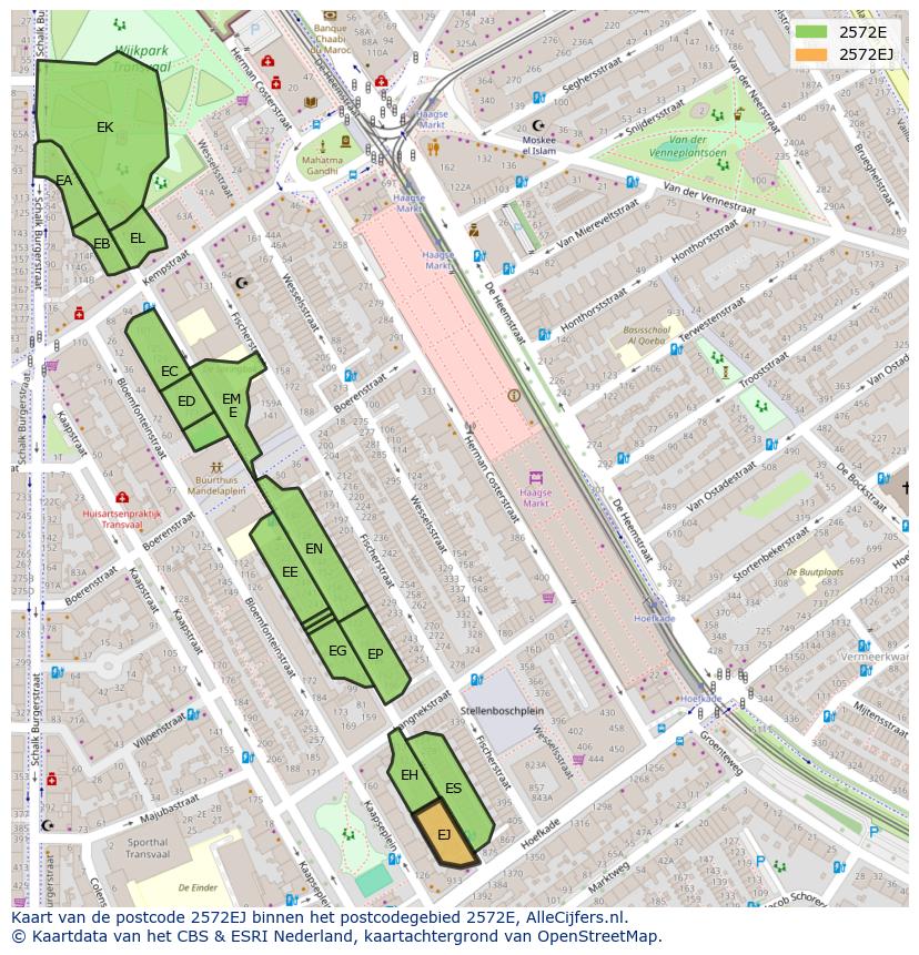 Afbeelding van het postcodegebied 2572 EJ op de kaart.