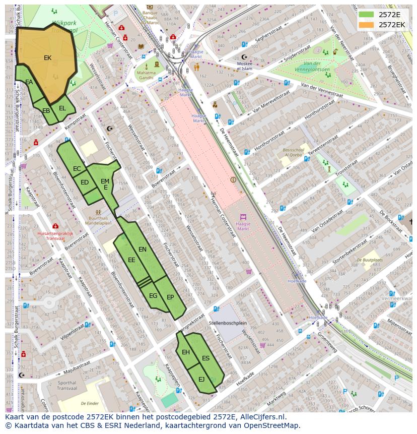 Afbeelding van het postcodegebied 2572 EK op de kaart.