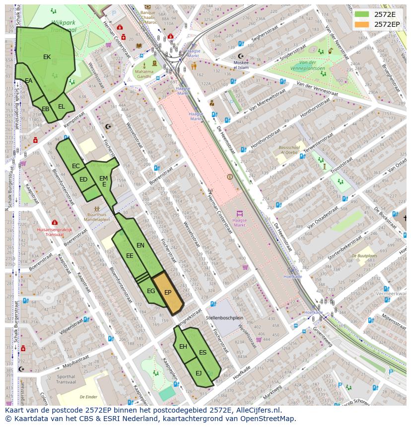 Afbeelding van het postcodegebied 2572 EP op de kaart.