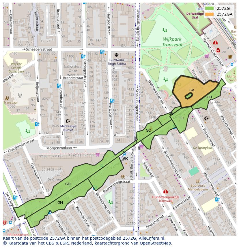 Afbeelding van het postcodegebied 2572 GA op de kaart.