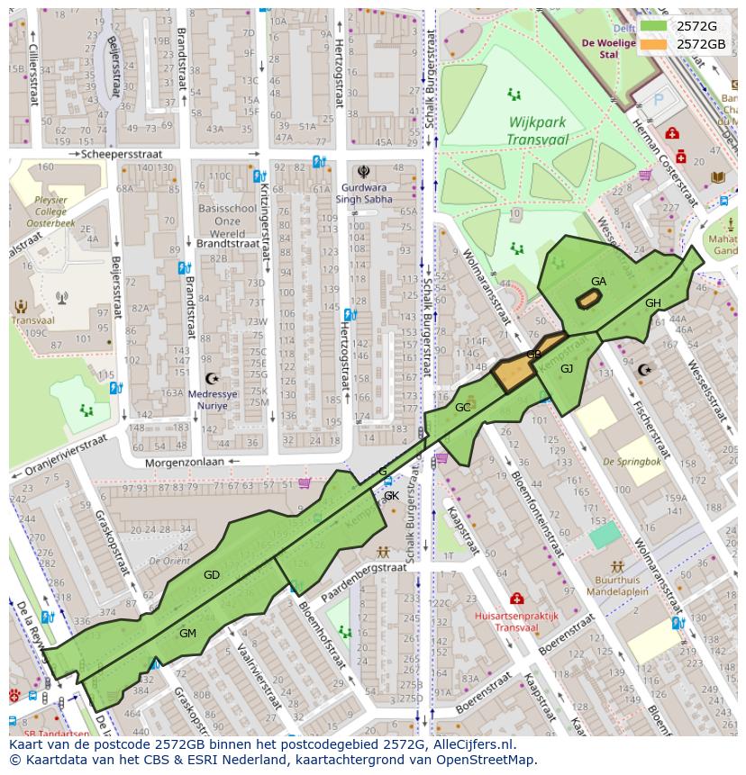 Afbeelding van het postcodegebied 2572 GB op de kaart.