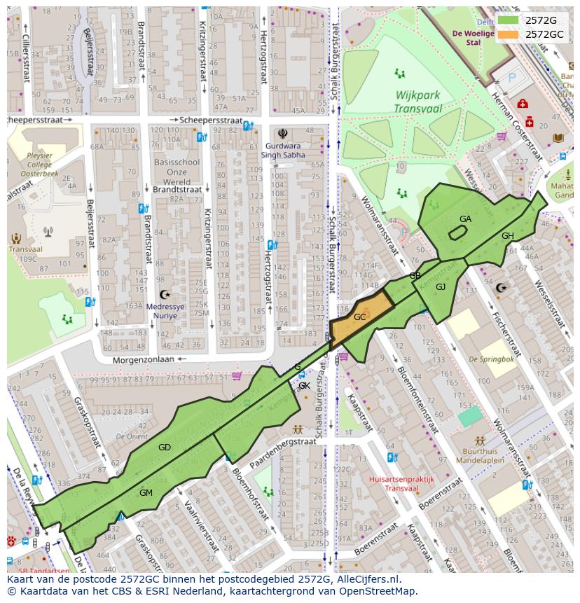 Afbeelding van het postcodegebied 2572 GC op de kaart.