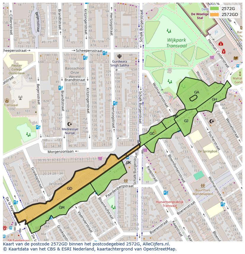 Afbeelding van het postcodegebied 2572 GD op de kaart.