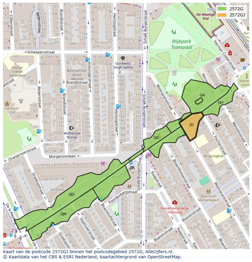 Afbeelding van het postcodegebied 2572 GJ op de kaart.