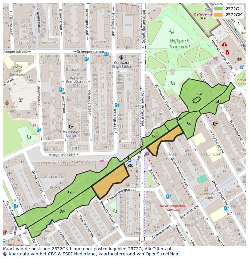 Afbeelding van het postcodegebied 2572 GK op de kaart.