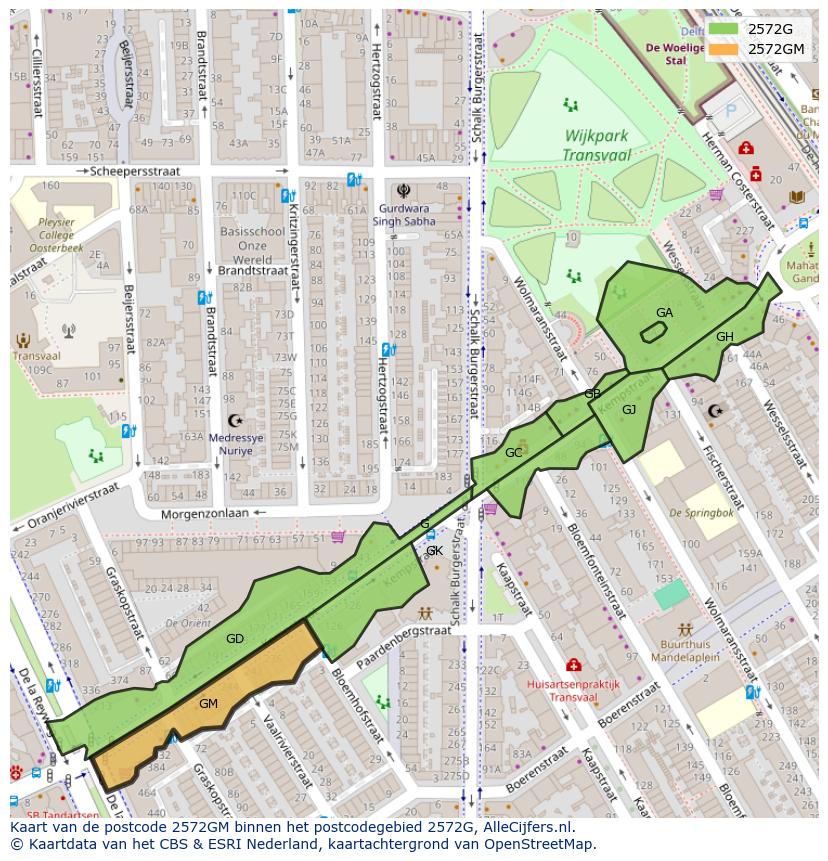Afbeelding van het postcodegebied 2572 GM op de kaart.