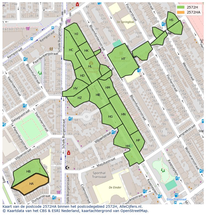 Afbeelding van het postcodegebied 2572 HA op de kaart.
