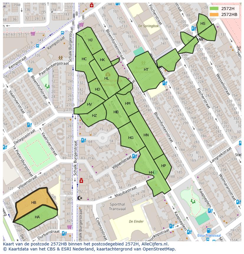 Afbeelding van het postcodegebied 2572 HB op de kaart.