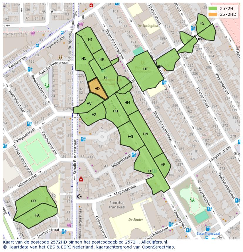 Afbeelding van het postcodegebied 2572 HD op de kaart.