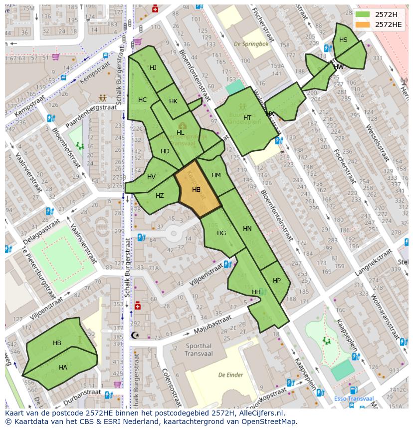 Afbeelding van het postcodegebied 2572 HE op de kaart.