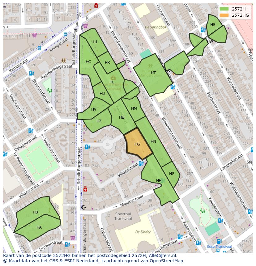 Afbeelding van het postcodegebied 2572 HG op de kaart.