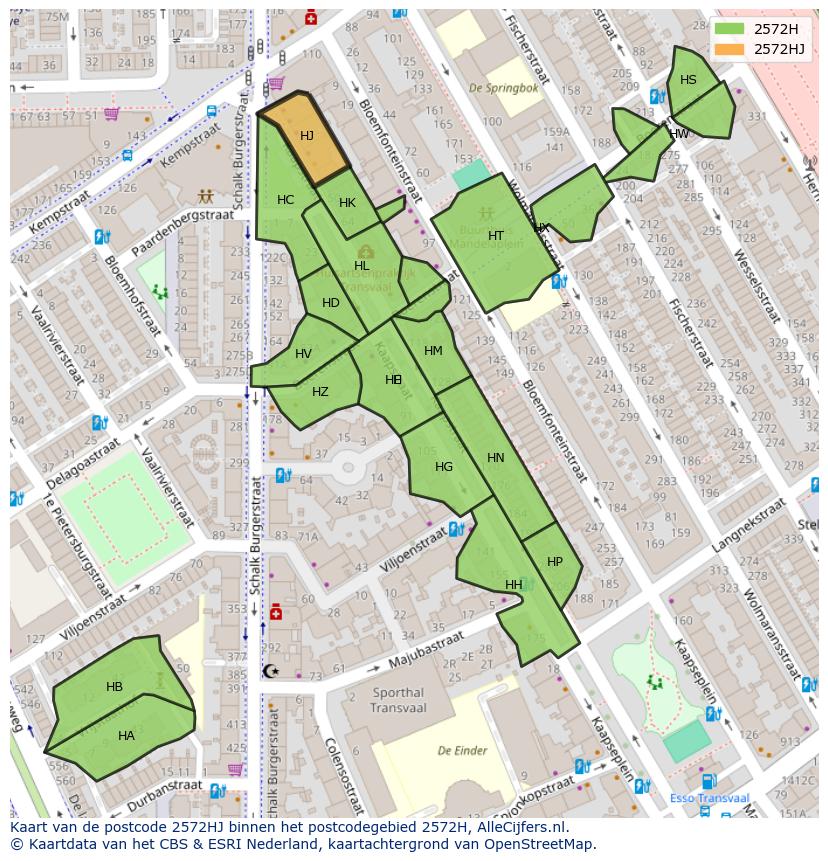 Afbeelding van het postcodegebied 2572 HJ op de kaart.