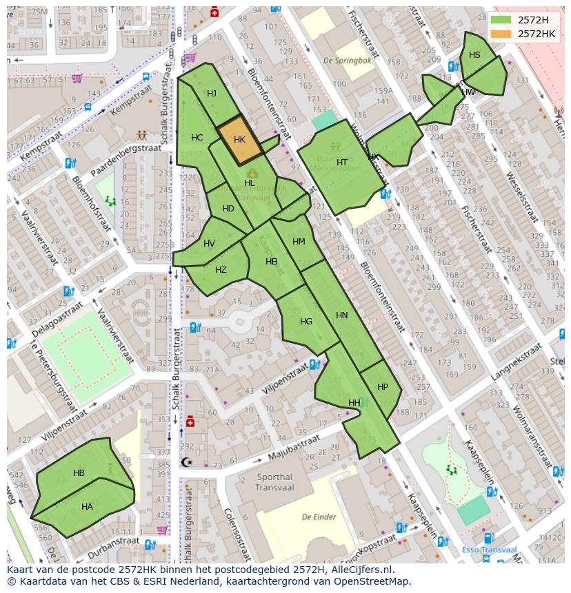 Afbeelding van het postcodegebied 2572 HK op de kaart.