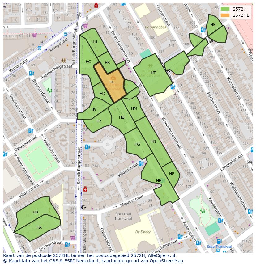 Afbeelding van het postcodegebied 2572 HL op de kaart.