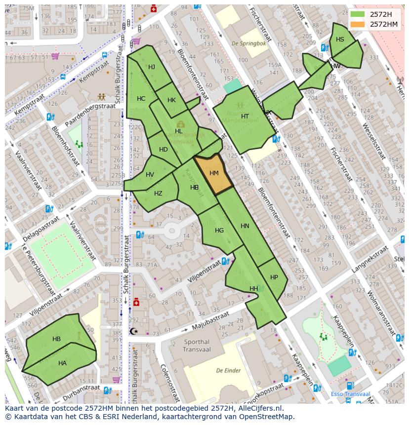Afbeelding van het postcodegebied 2572 HM op de kaart.