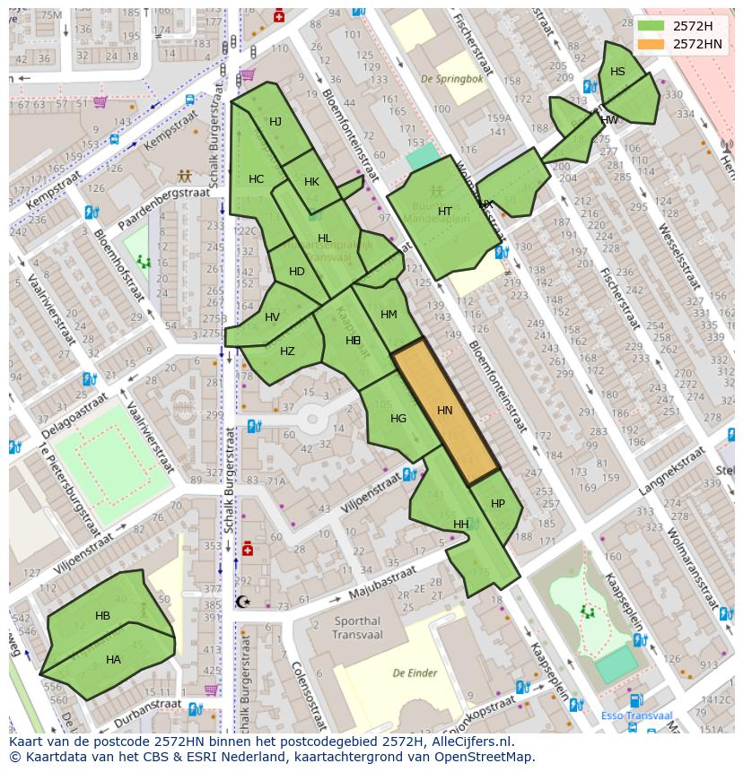 Afbeelding van het postcodegebied 2572 HN op de kaart.
