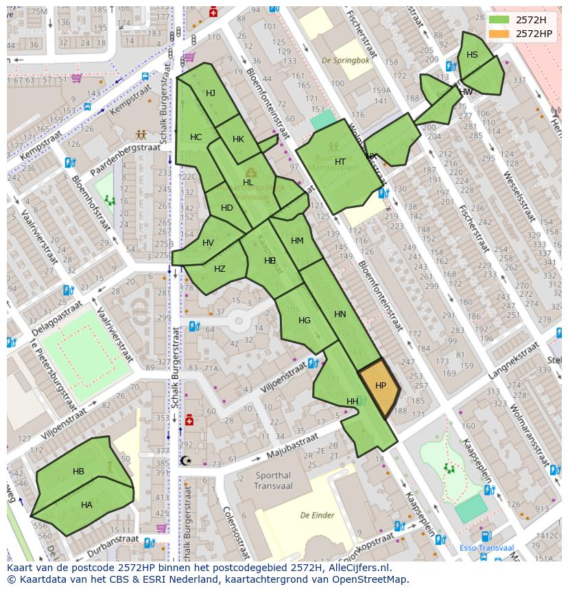 Afbeelding van het postcodegebied 2572 HP op de kaart.