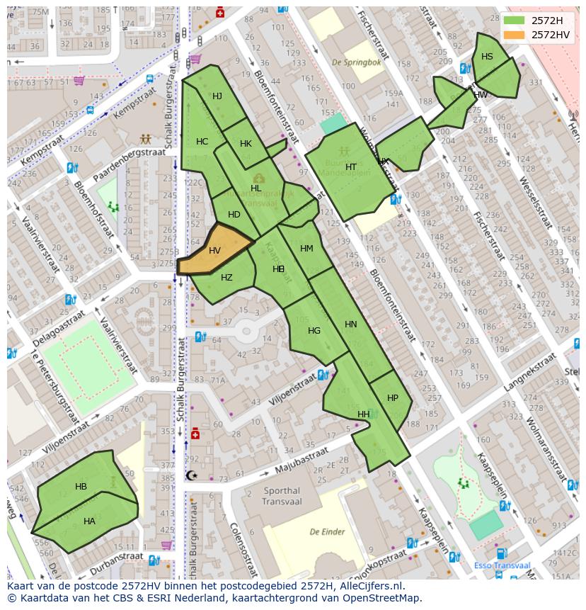 Afbeelding van het postcodegebied 2572 HV op de kaart.