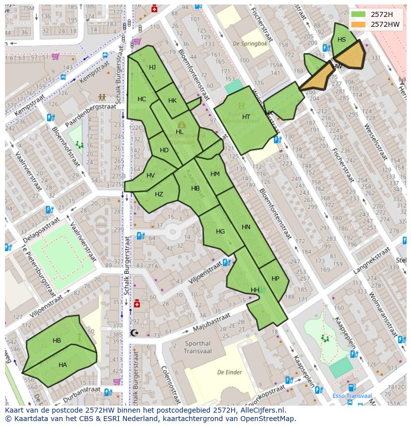 Afbeelding van het postcodegebied 2572 HW op de kaart.
