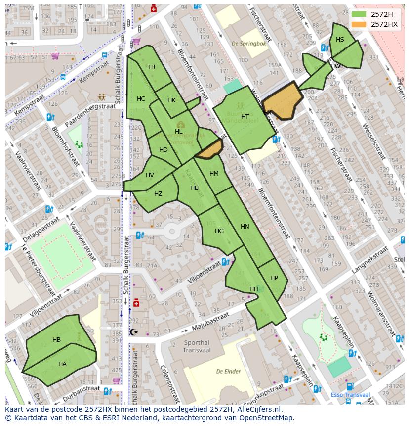 Afbeelding van het postcodegebied 2572 HX op de kaart.