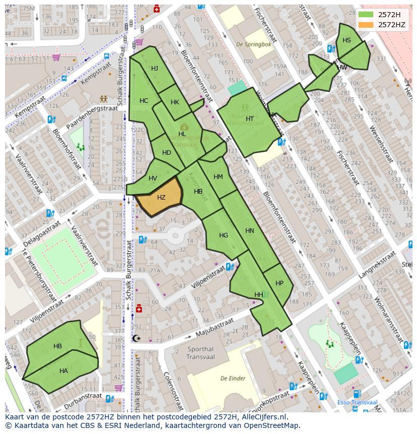 Afbeelding van het postcodegebied 2572 HZ op de kaart.