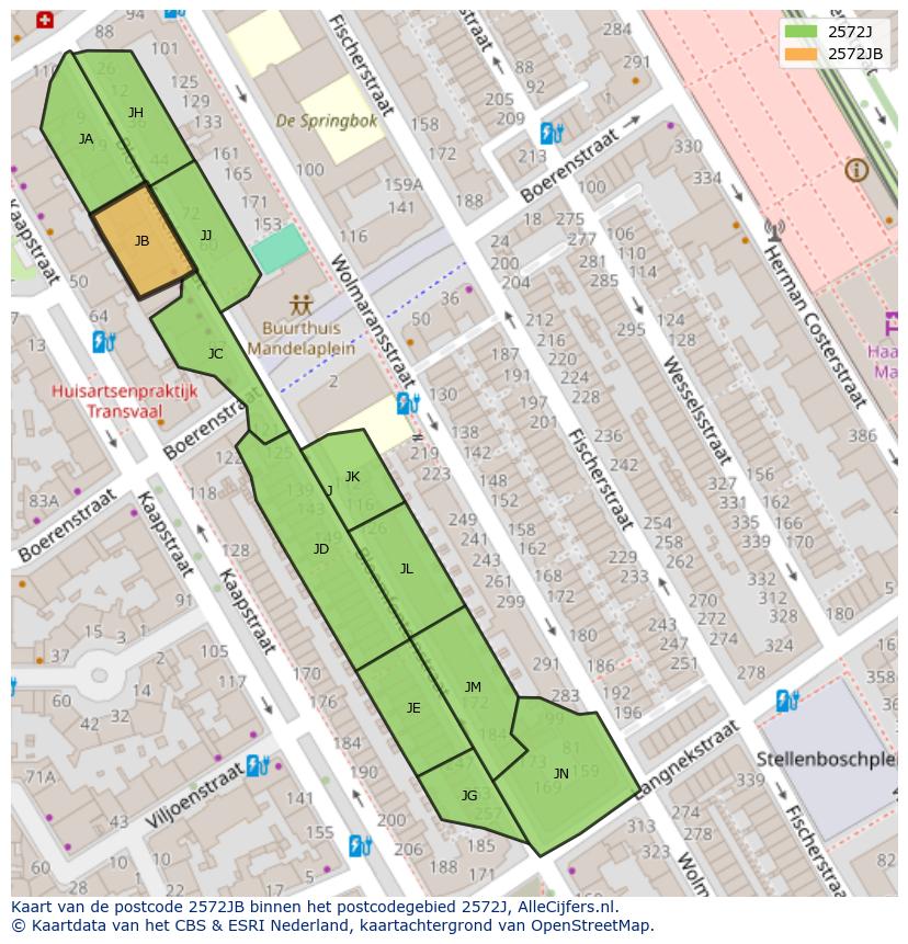 Afbeelding van het postcodegebied 2572 JB op de kaart.