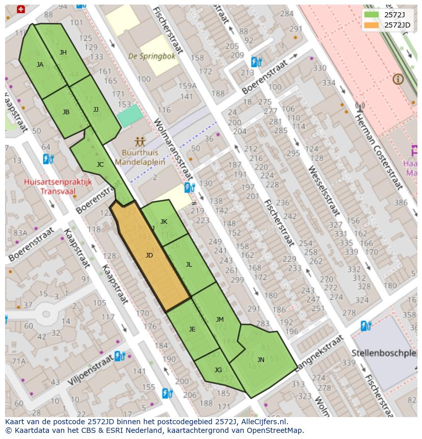 Afbeelding van het postcodegebied 2572 JD op de kaart.